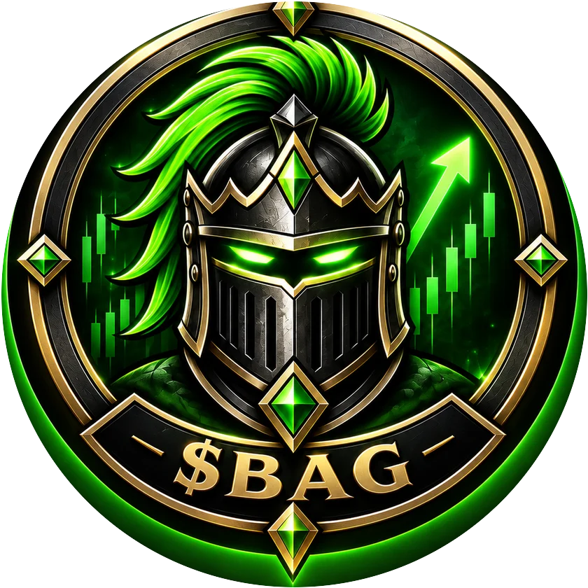 The $BAG token emblem — Sir Bag's helm in a gold ring over a rising chart