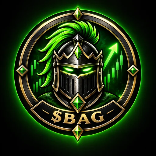 Sir Bag emblem: a black helm with a lime plume in a gold ring, over the $BAG ribbon