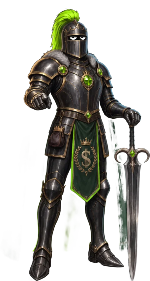 Sir Bag issuing a decree, sword planted, arm outstretched.