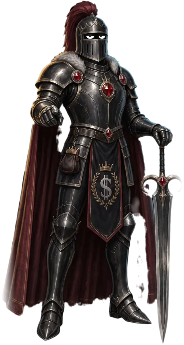 Sir Bag issuing a decree, sword planted, arm outstretched.