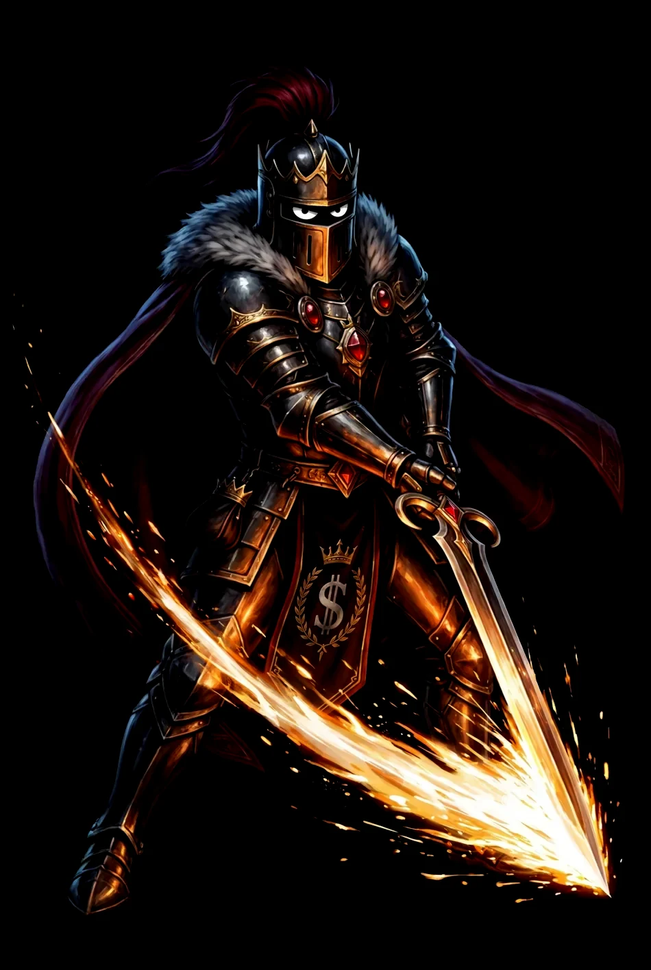 Sir Bag mid-swing, blade trailing sparks.