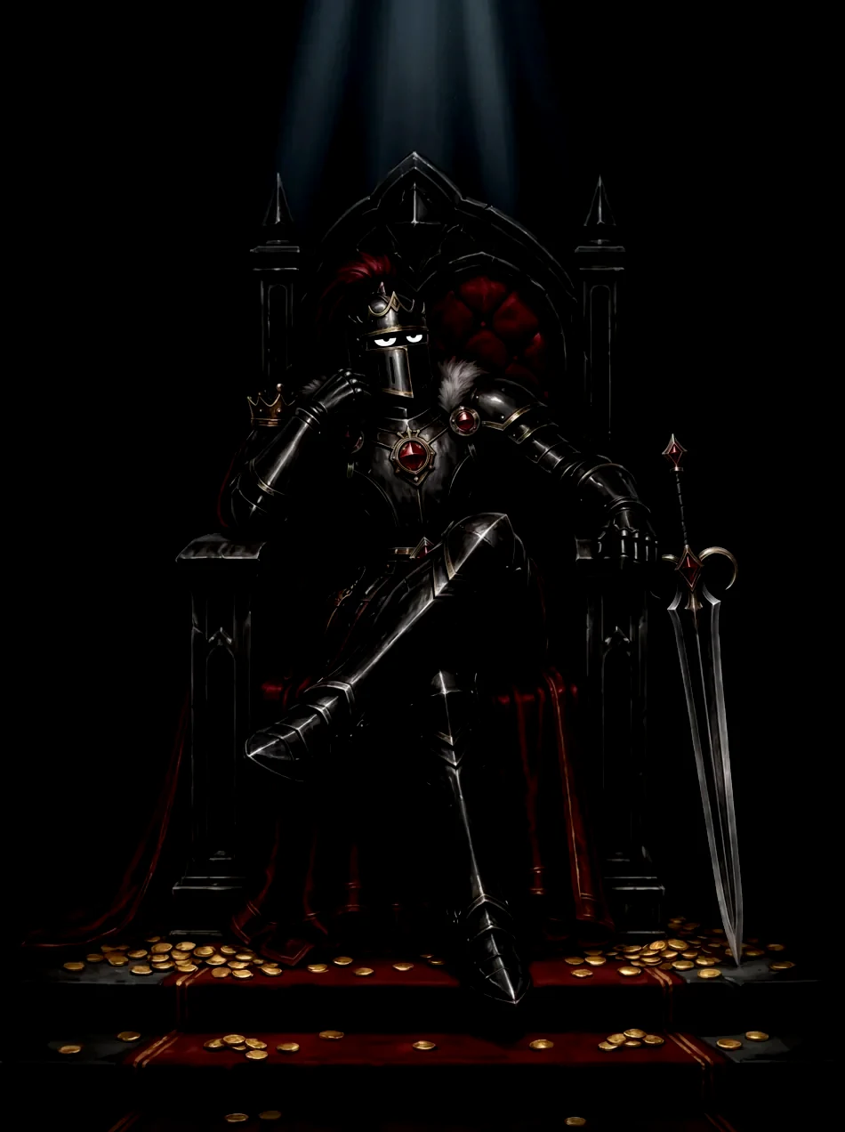 Sir Bag seated on a gothic iron throne, bored and victorious.
